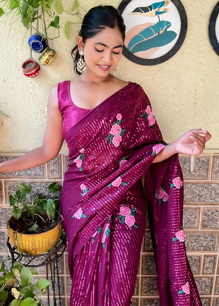 Wine Georgette Saree With Blouse Piece