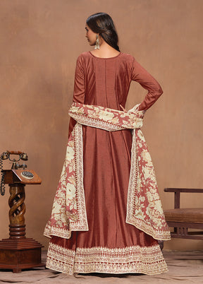 2 Pc Brown Semi Stitched Silk Kurti Set