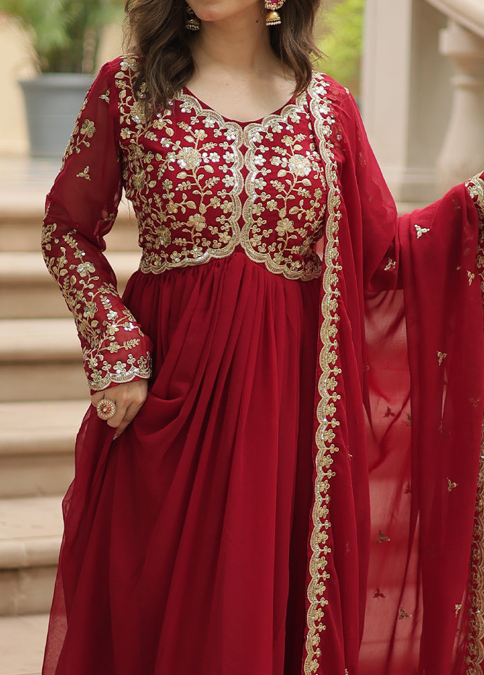 Maroon Readymade Georgette Long Gown With Dupatta