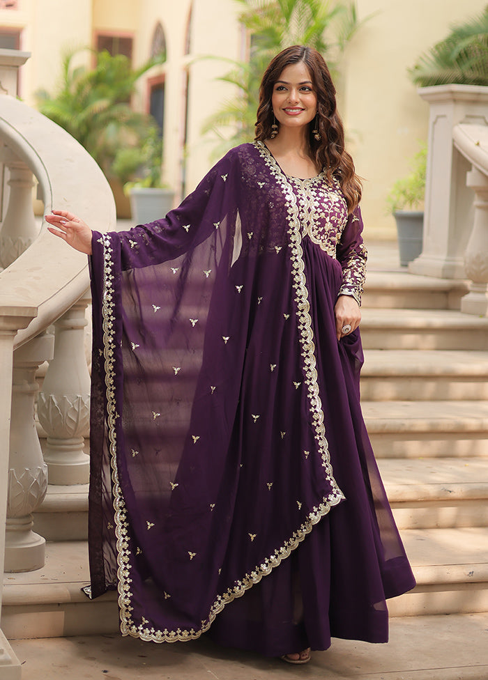 Wine Readymade Georgette Long Gown With Dupatta