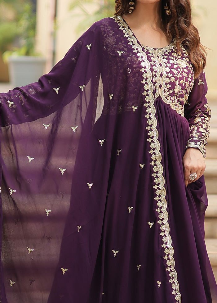 Wine Readymade Georgette Long Gown With Dupatta