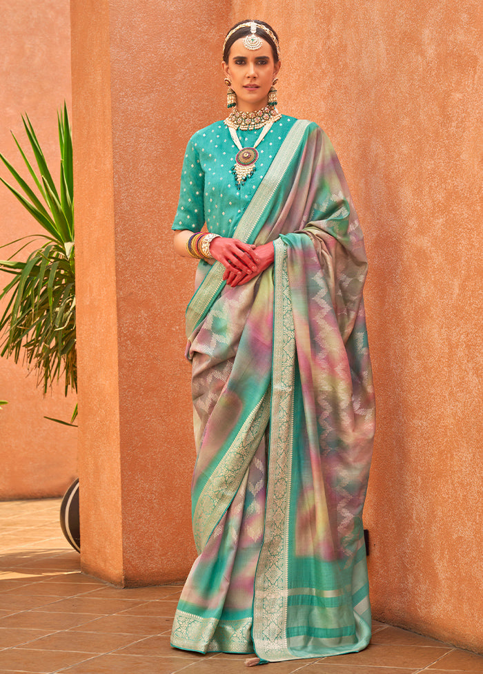 Sea Green Dupion Silk Saree With Blouse Piece