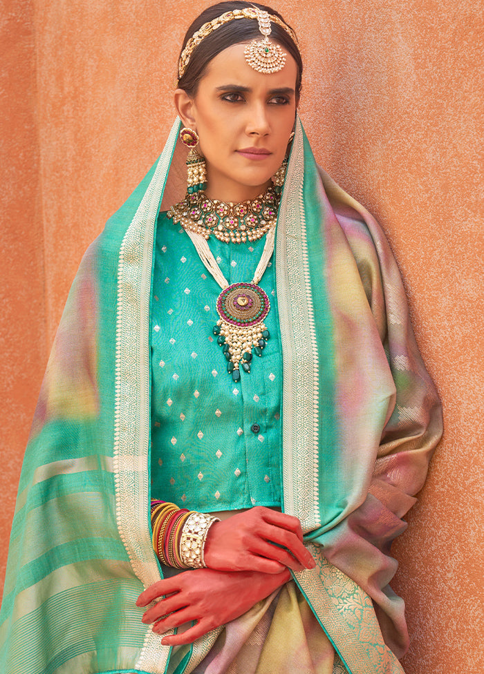 Sea Green Dupion Silk Saree With Blouse Piece