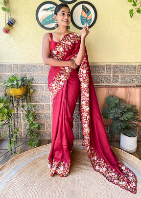 Maroon Dupion Silk Saree With Blouse Piece