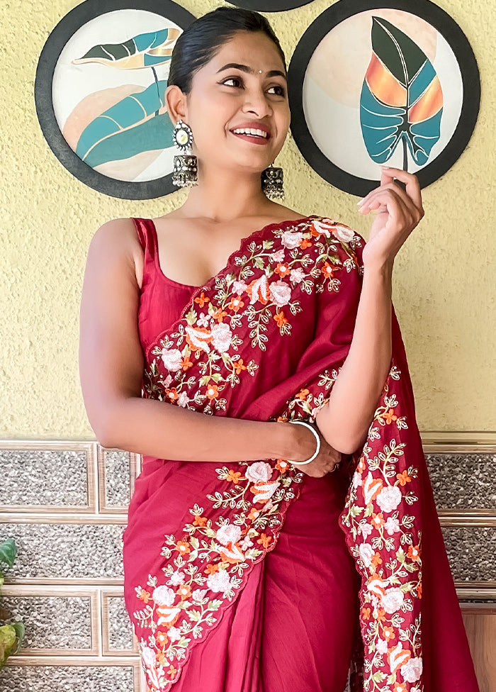 Maroon Dupion Silk Saree With Blouse Piece