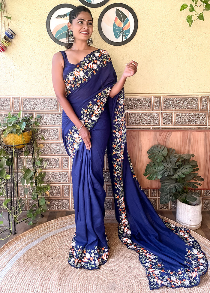 Navy Blue Dupion Silk Saree With Blouse Piece