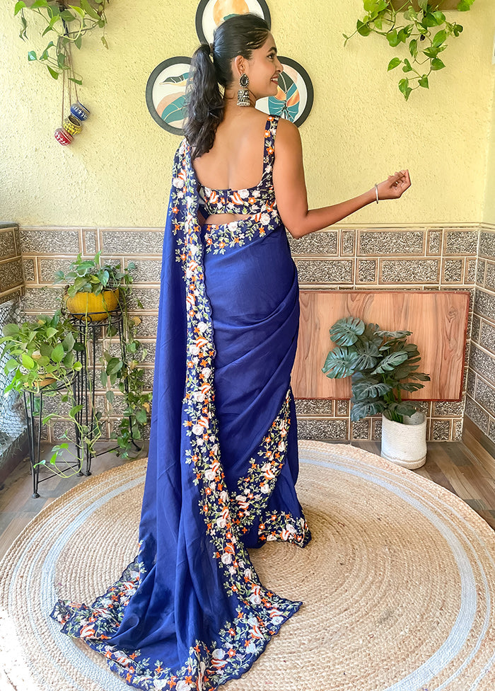 Navy Blue Dupion Silk Saree With Blouse Piece