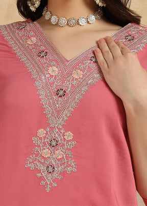 3 Pc Pink Readymade Chanderi Suit Set