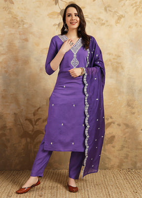 3 Pc Lavender Readymade Chanderi Suit Set