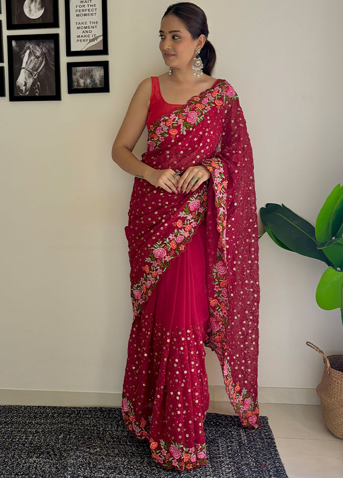 Maroon Georgette Saree With Blouse Piece