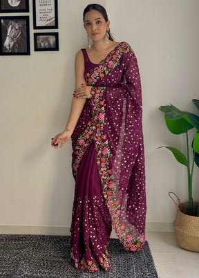 Wine Georgette Saree With Blouse Piece