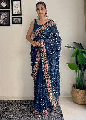 Teal Georgette Saree With Blouse Piece