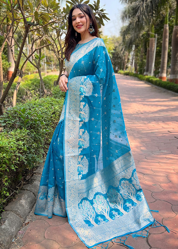 Blue Organza Saree With Blouse Piece