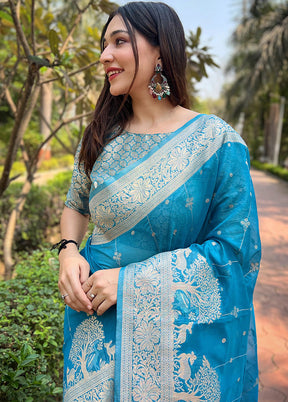 Blue Organza Saree With Blouse Piece