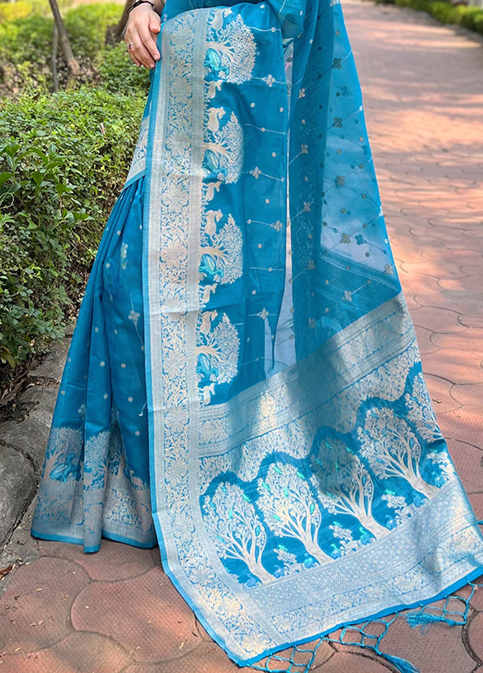 Blue Organza Saree With Blouse Piece