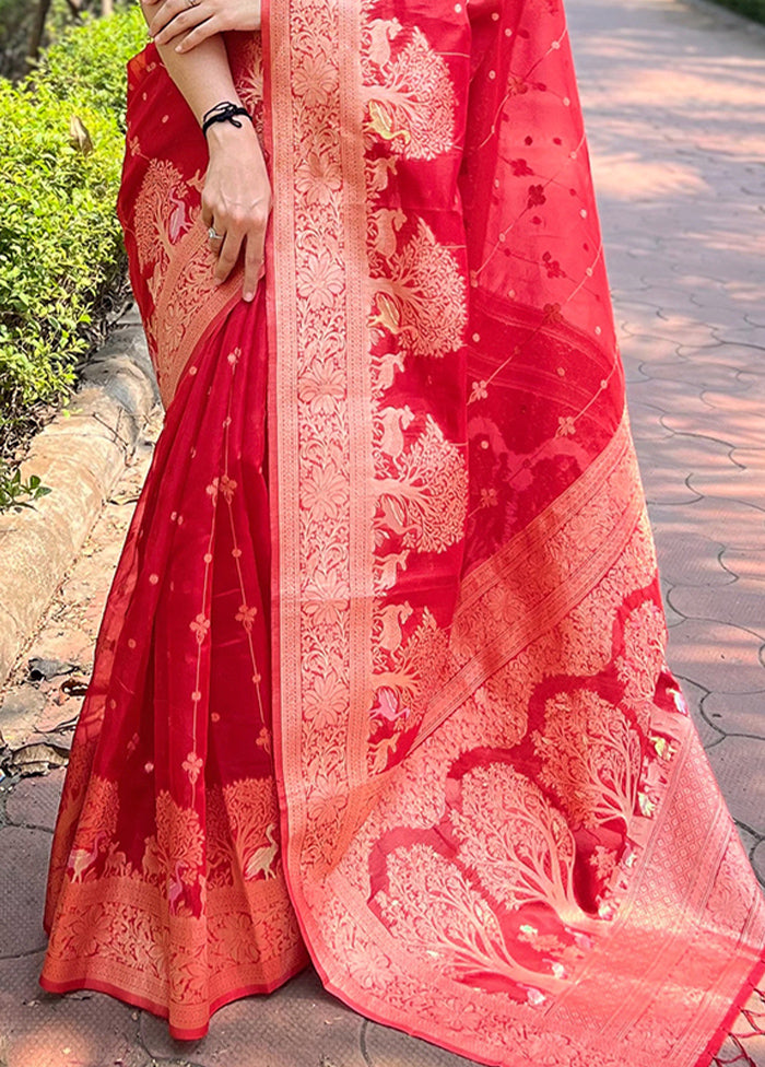 Red Organza Saree With Blouse Piece