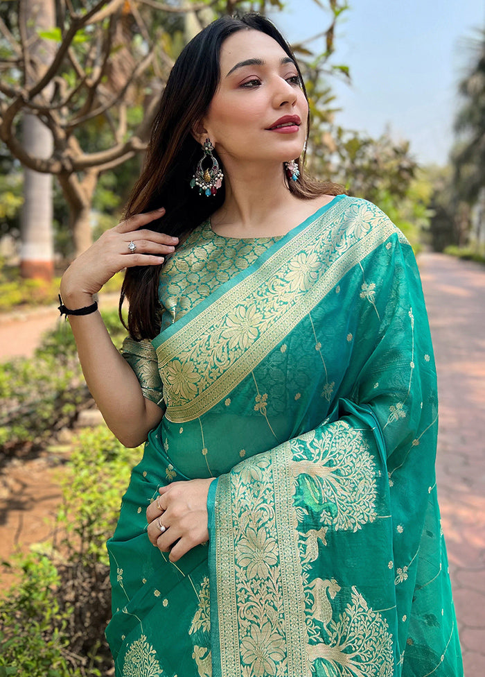 Sea Green Organza Saree With Blouse Piece