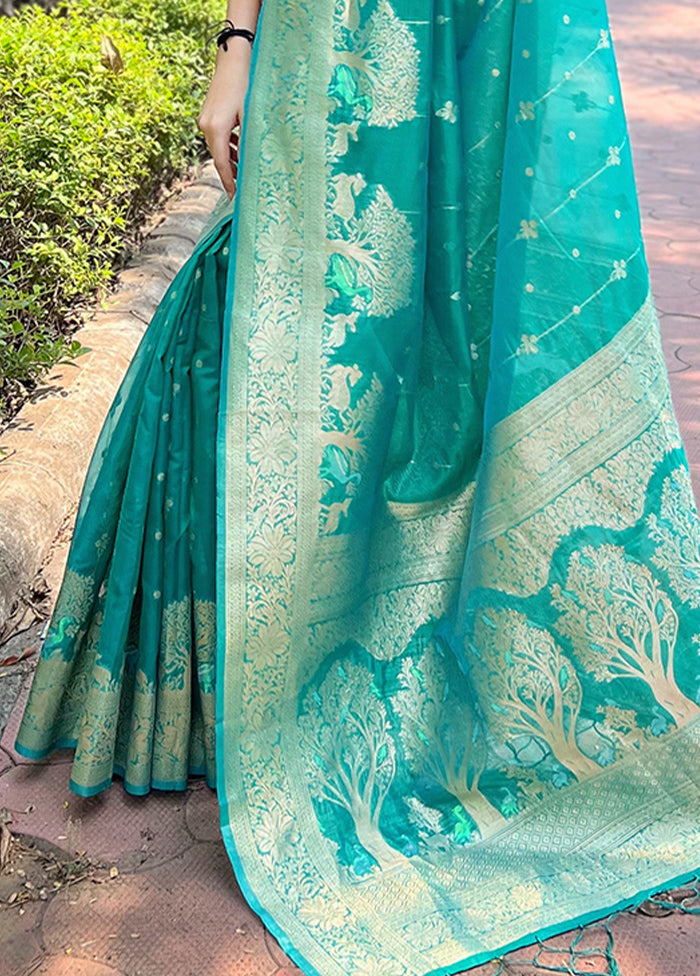 Sea Green Organza Saree With Blouse Piece