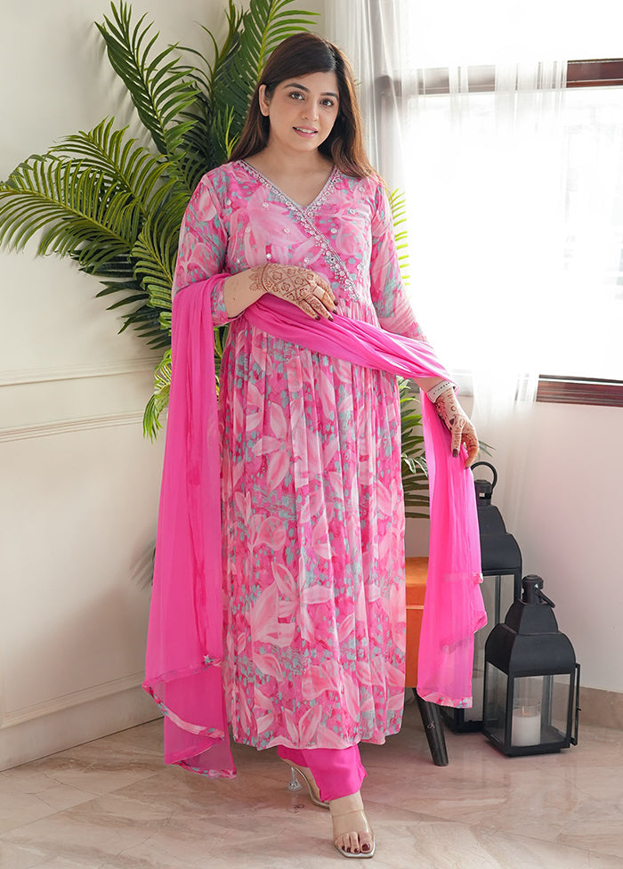 3 Pc Pink Readymade Georgette Suit Set