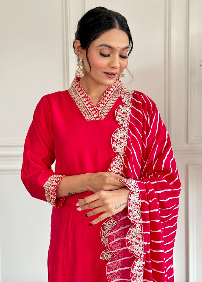 3 Pc Red Readymade Chanderi Suit Set