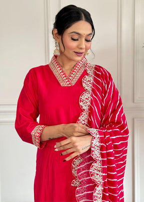 3 Pc Red Readymade Chanderi Suit Set