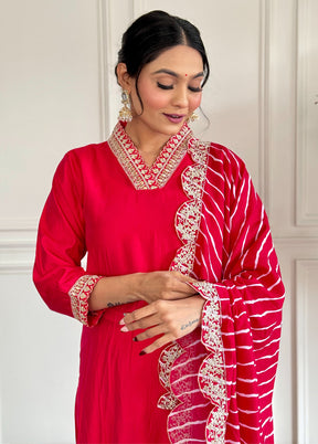 3 Pc Red Readymade Chanderi Suit Set