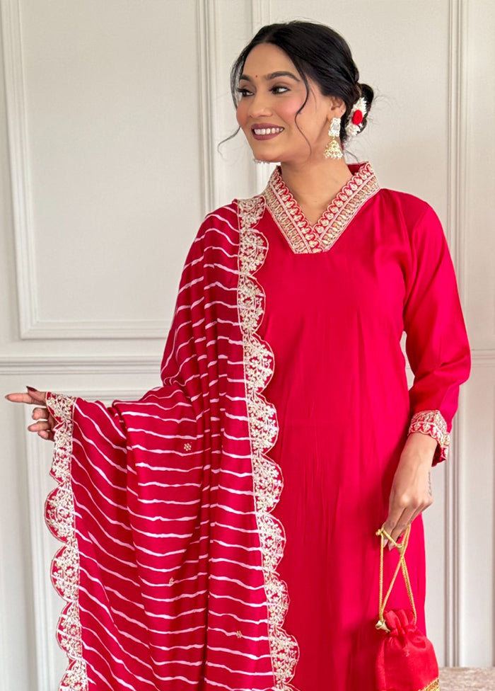 3 Pc Red Readymade Chanderi Suit Set