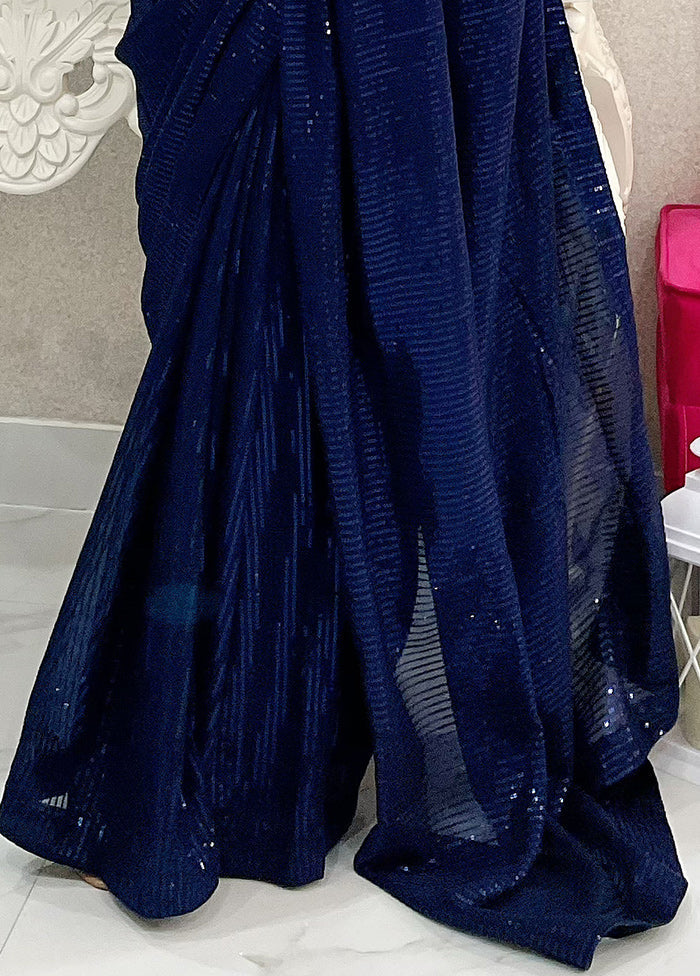 Navy Blue Georgette Saree With Blouse Piece