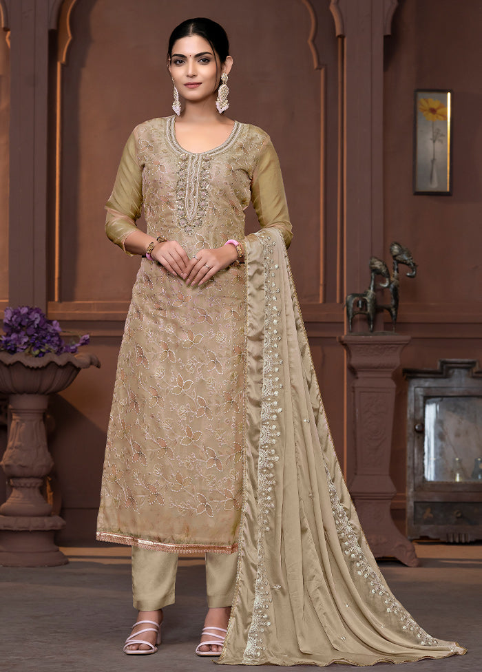 3 Pc Beige Semi Stitched Viscose Suit Set