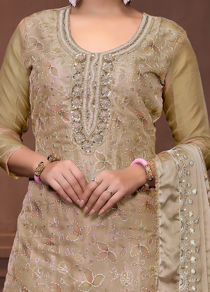 3 Pc Beige Semi Stitched Viscose Suit Set