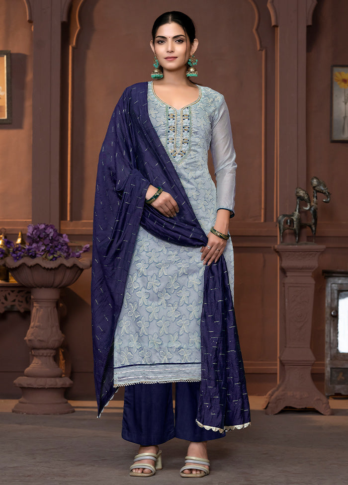 3 Pc Sky Blue Semi Stitched Silk Suit Set