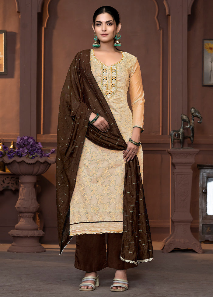 3 Pc Peach Semi Stitched Silk Suit Set