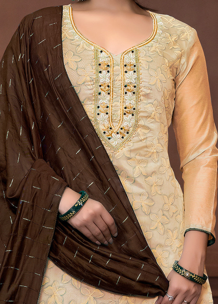 3 Pc Peach Semi Stitched Silk Suit Set