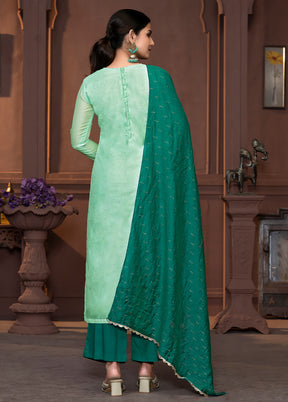 3 Pc Sea Green Semi Stitched Silk Suit Set