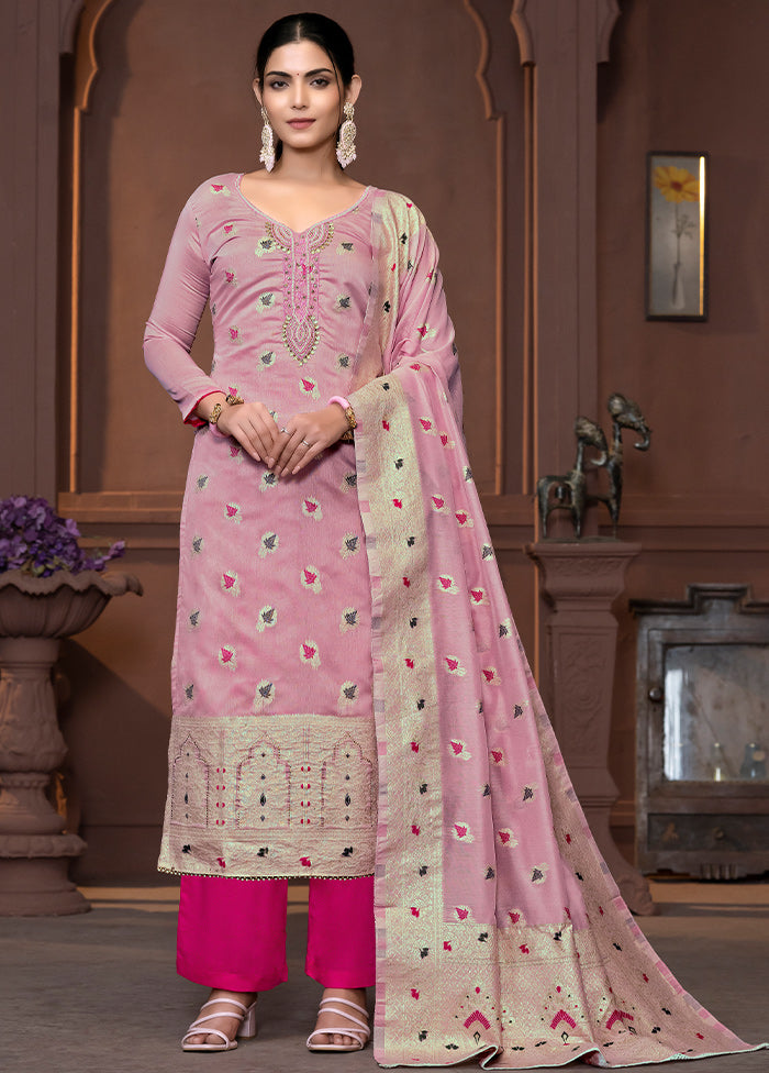 3 Pc Pink Semi Stitched Silk Suit Set