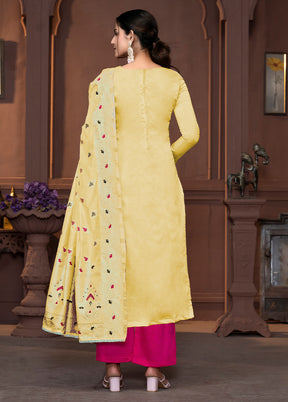 3 Pc Yellow Semi Stitched Silk Suit Set