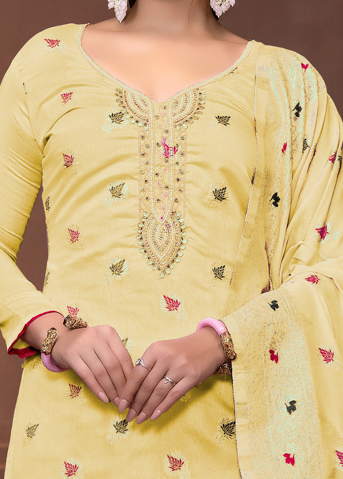 3 Pc Yellow Semi Stitched Silk Suit Set