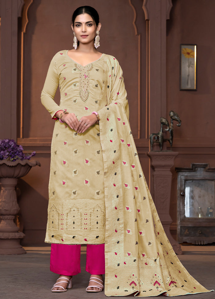 3 Pc Cream Semi Stitched Silk Suit Set