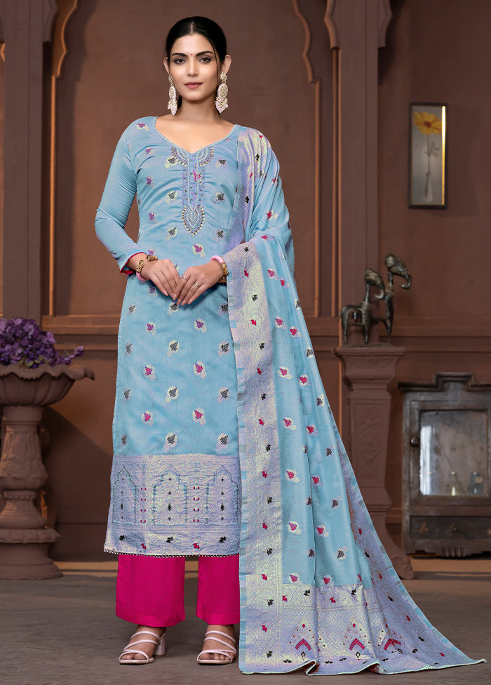 3 Pc Blue Semi Stitched Silk Suit Set