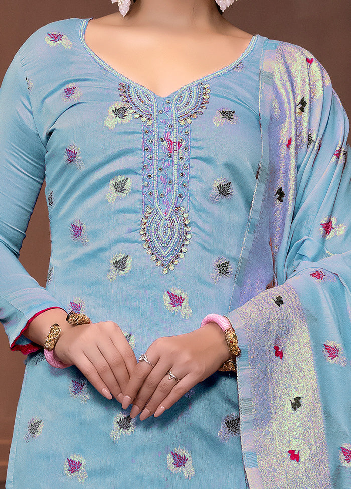 3 Pc Blue Semi Stitched Silk Suit Set