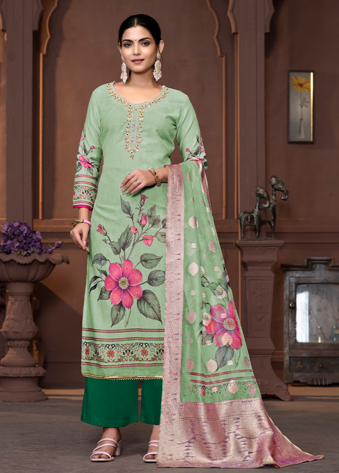 3 Pc Green Semi Stitched Cotton Suit Set