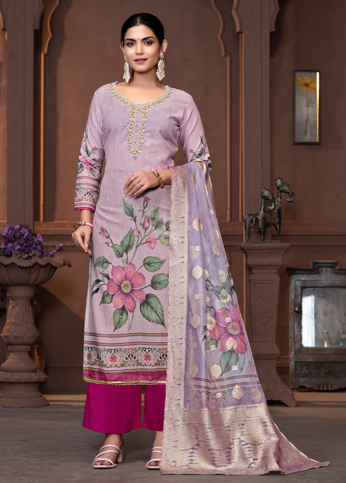 3 Pc Purple Semi Stitched Cotton Suit Set