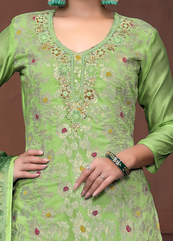 3 Pc Green Semi Stitched Cotton Suit Set