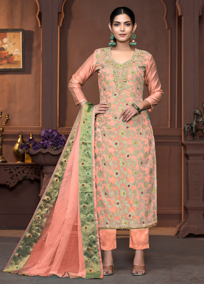 3 Pc Peach Semi Stitched Cotton Suit Set