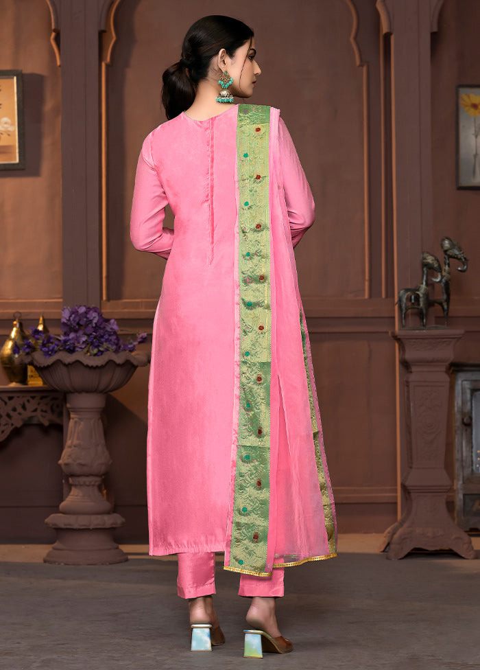 3 Pc Pink Semi Stitched Cotton Suit Set