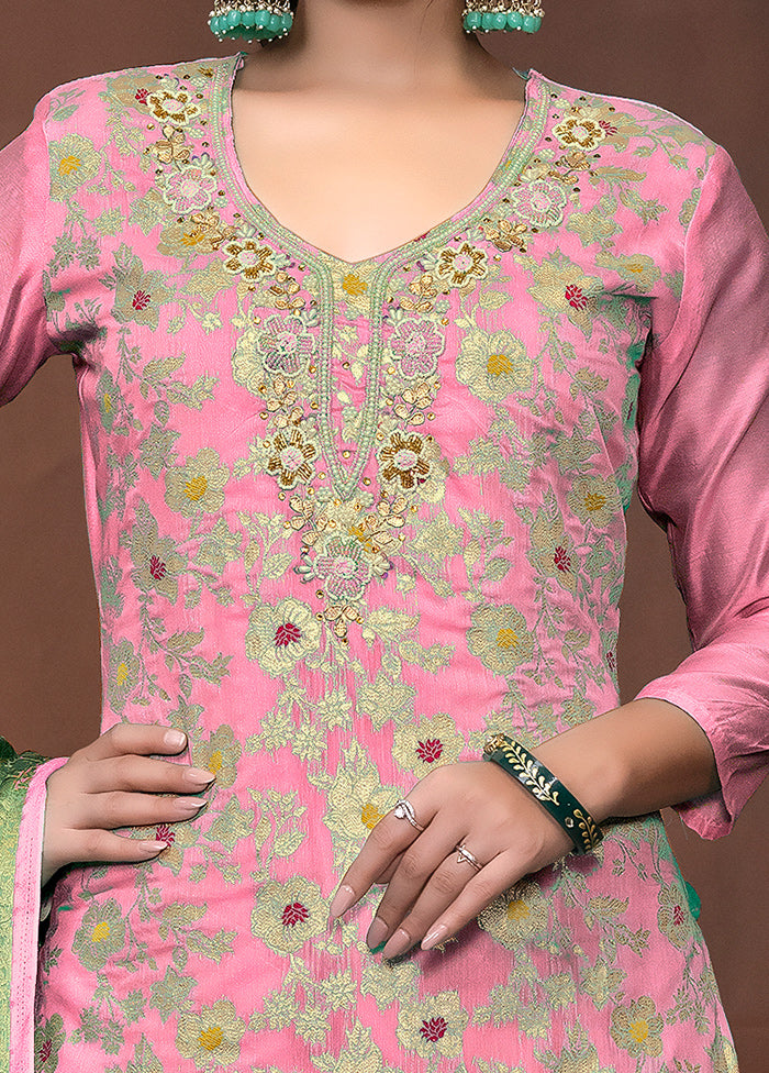 3 Pc Pink Semi Stitched Cotton Suit Set