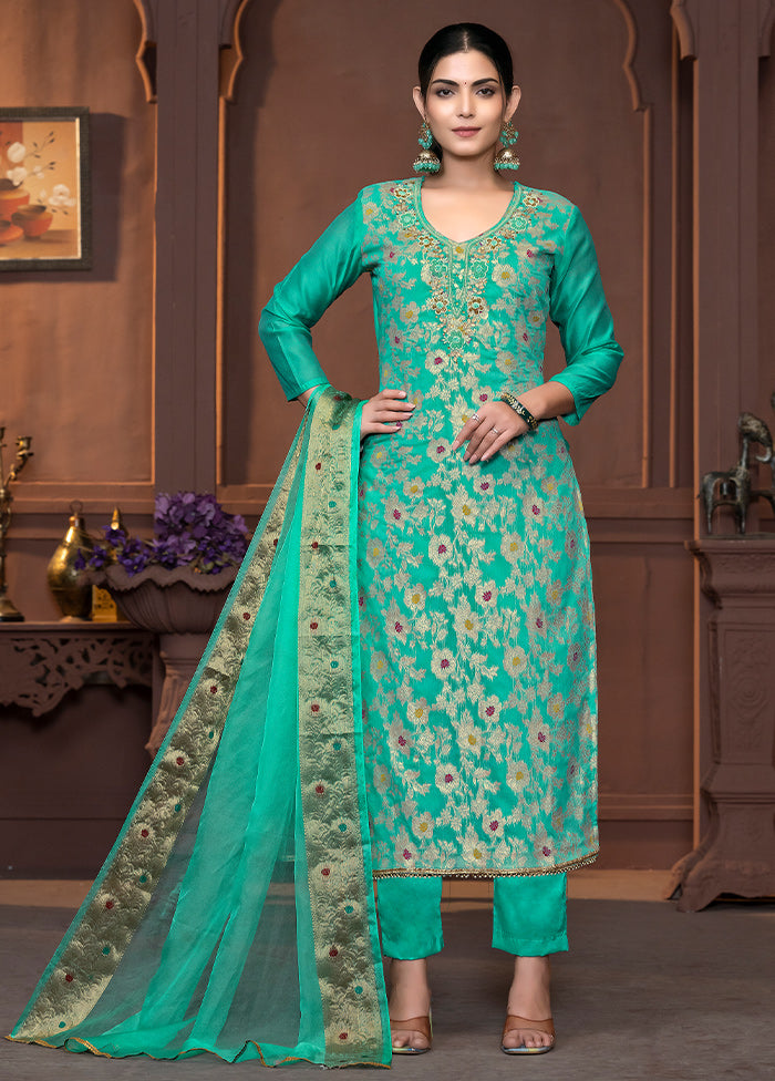 3 Pc Sea Green Semi Stitched Cotton Suit Set