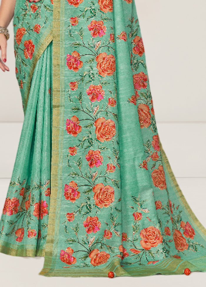 Sea Green Tussar Silk Saree With Blouse Piece