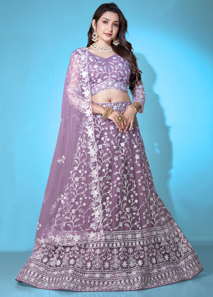 3 Pc Purple Net Semi Stitched Lehenga Set