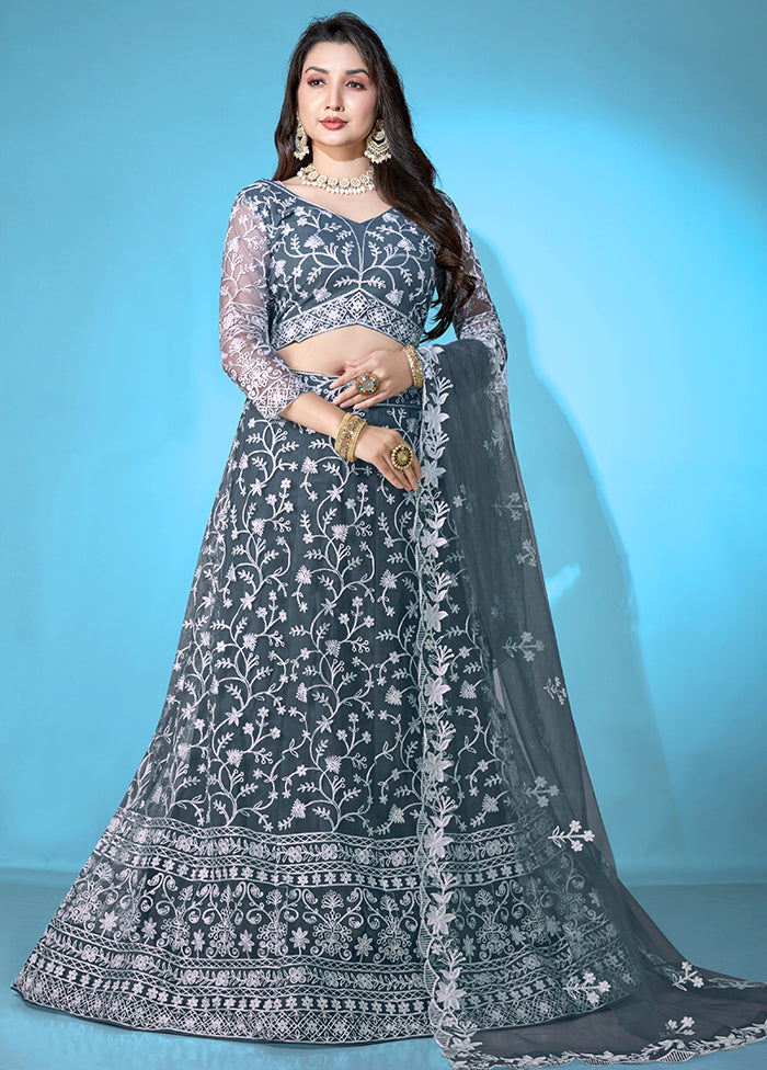 3 Pc Grey Net Semi Stitched Lehenga Set